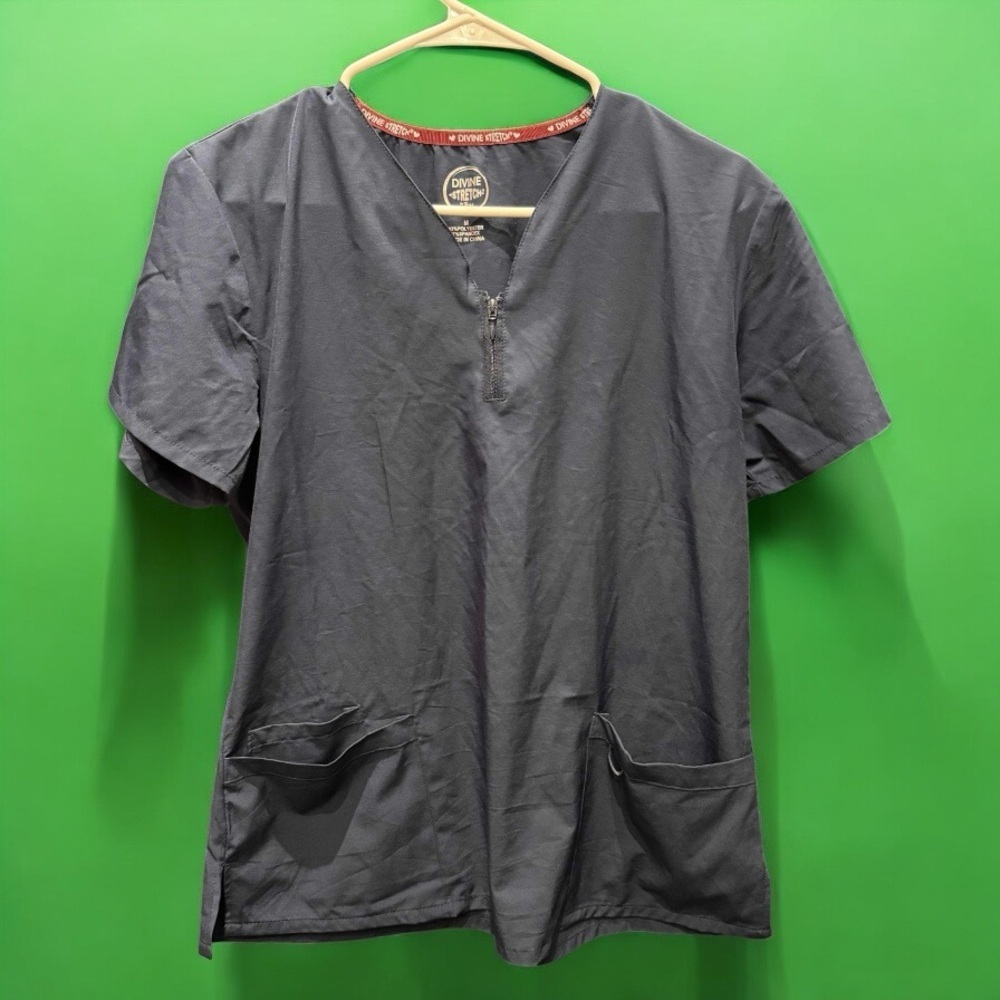 Divine stretch navy blue Women's  V-Neck quarter zip Scrub Top MEDIUM